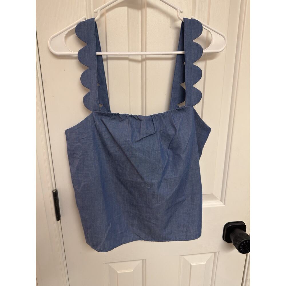 ZARA Blue Denim Cropped Tank Top Scalloped Sleeves Square Neck Size S NWOT - Picture 3 of 5